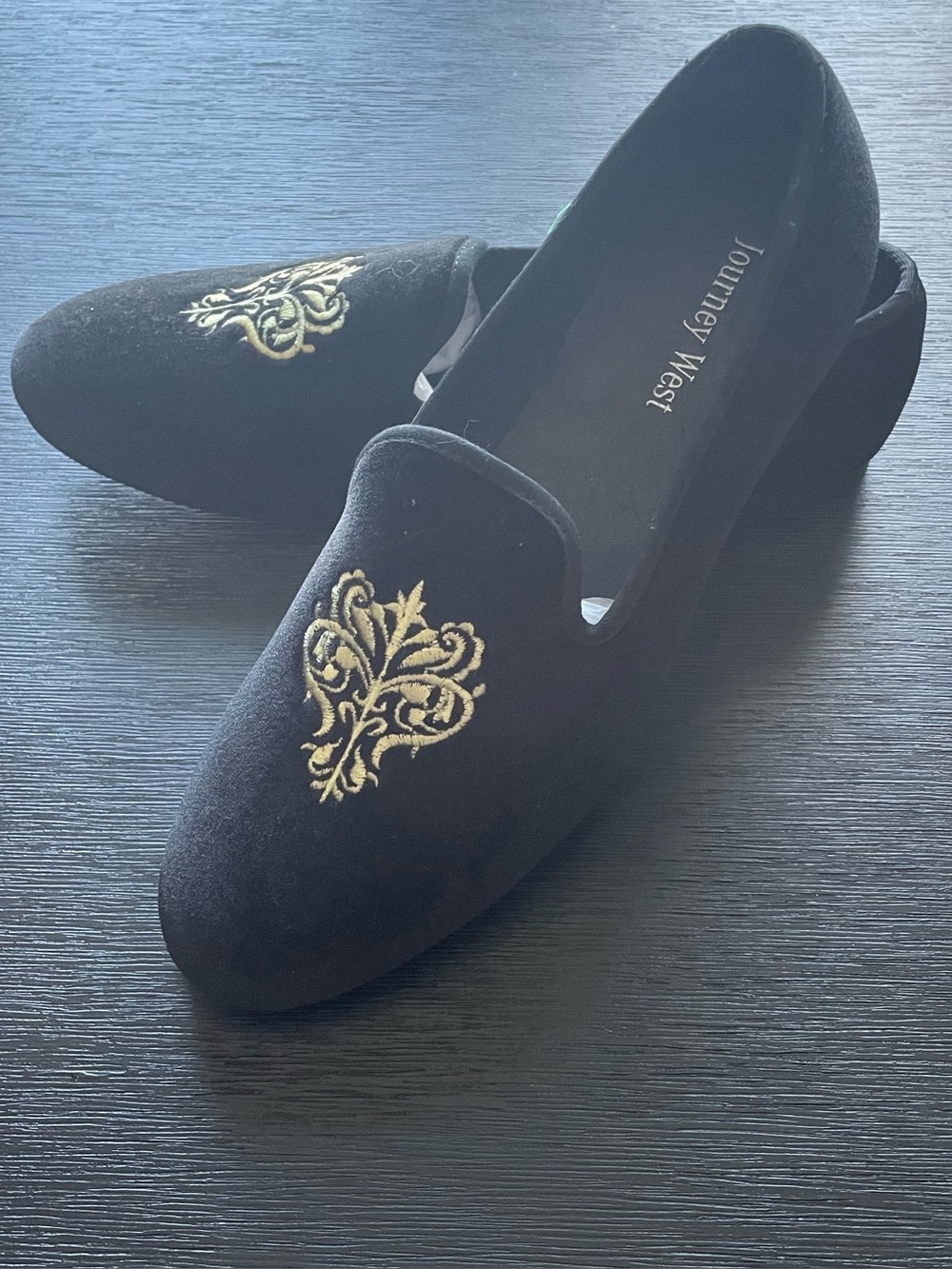 Journey West Men’s Black Velvet Loafers with Gold Embroidery